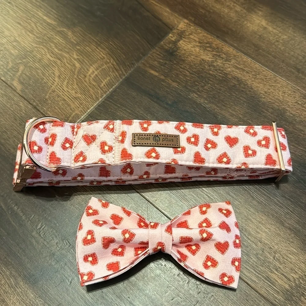 Lionet Paws Pink and Red Heart Dog Collar and Bowtie NWT